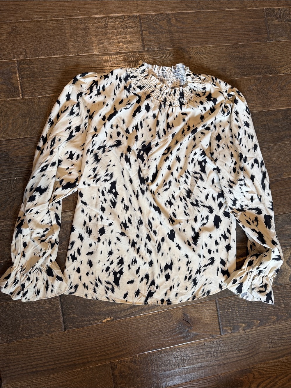 SHEIN Black and White Smocked Neck Animal Print Blouse